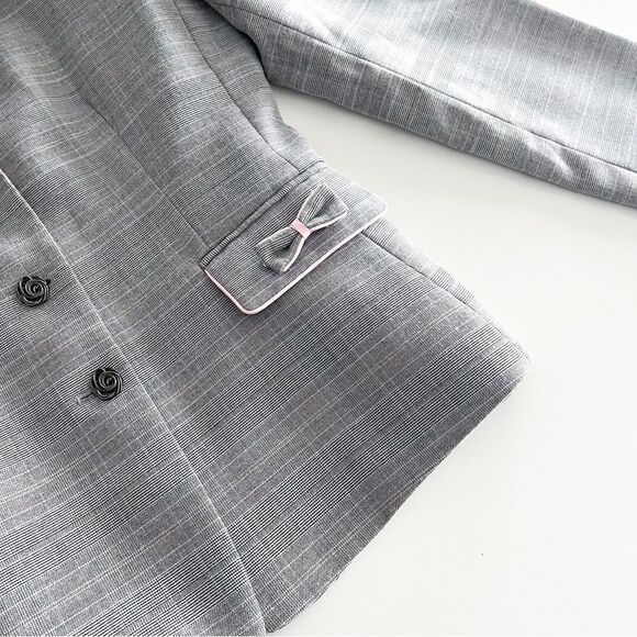 Tahari Arthur Levine Plaid Blazer Jacket Black Pink Bows Women's 2P Rose Buttons - Picture 4 of 9